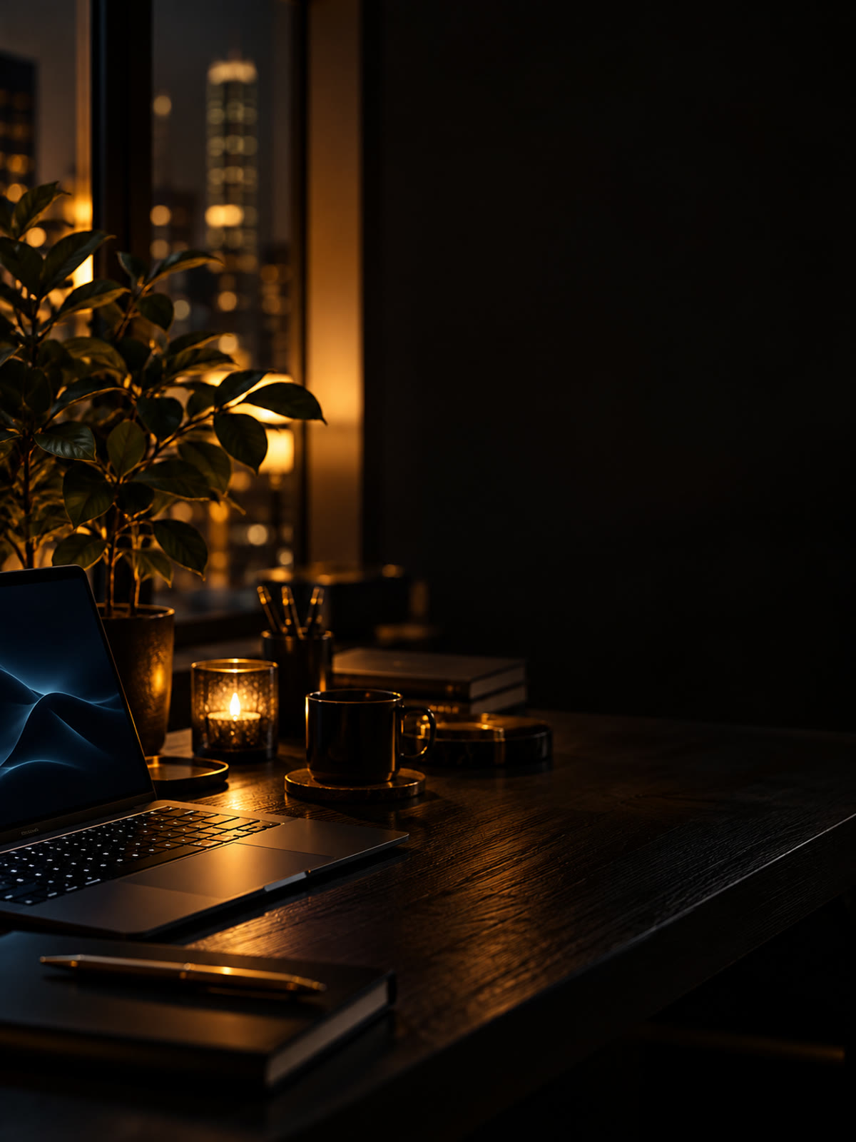 A warmly lit cinematic night desk with a laptop and plant
