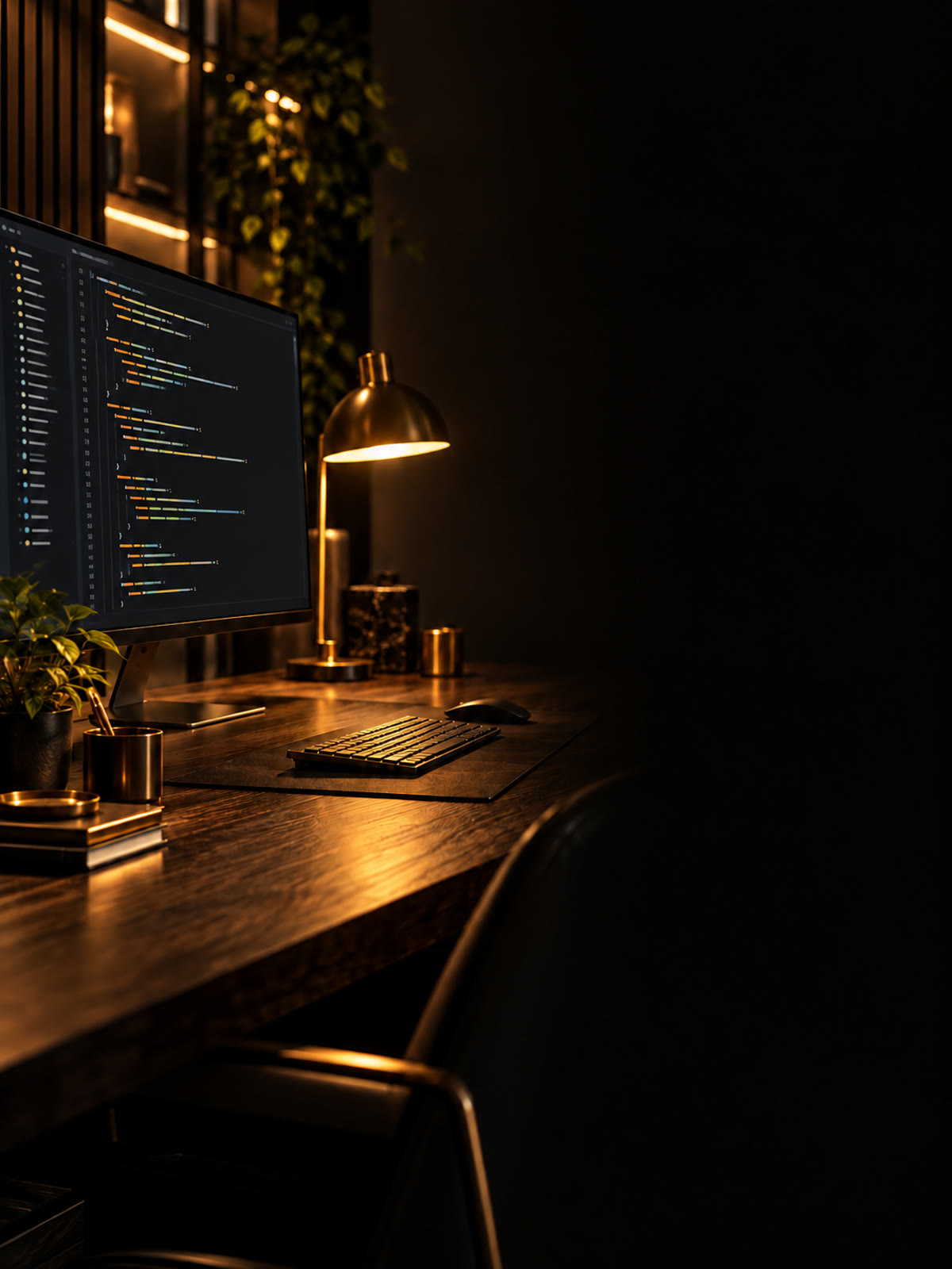 Code monitor, plant and a warm desk lamp
