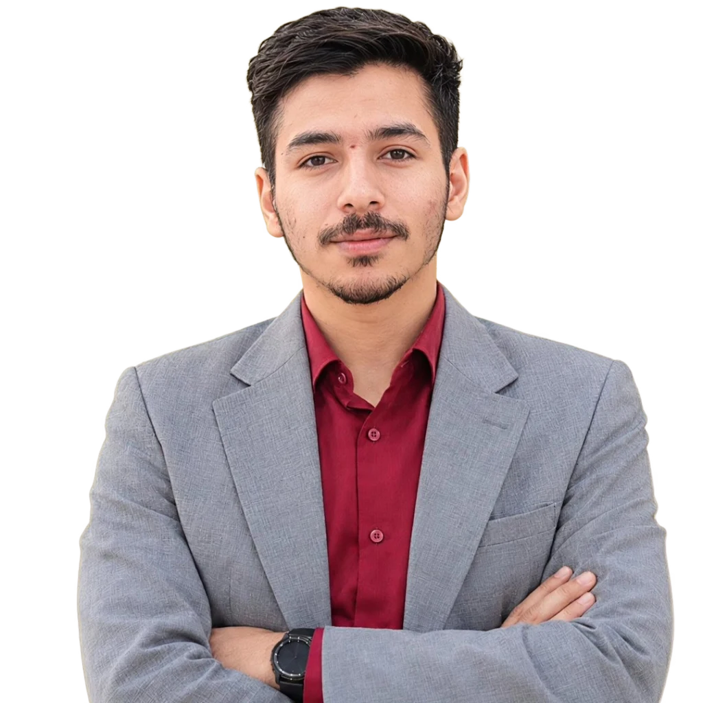 Mohammed Salam in a grey blazer and burgundy shirt